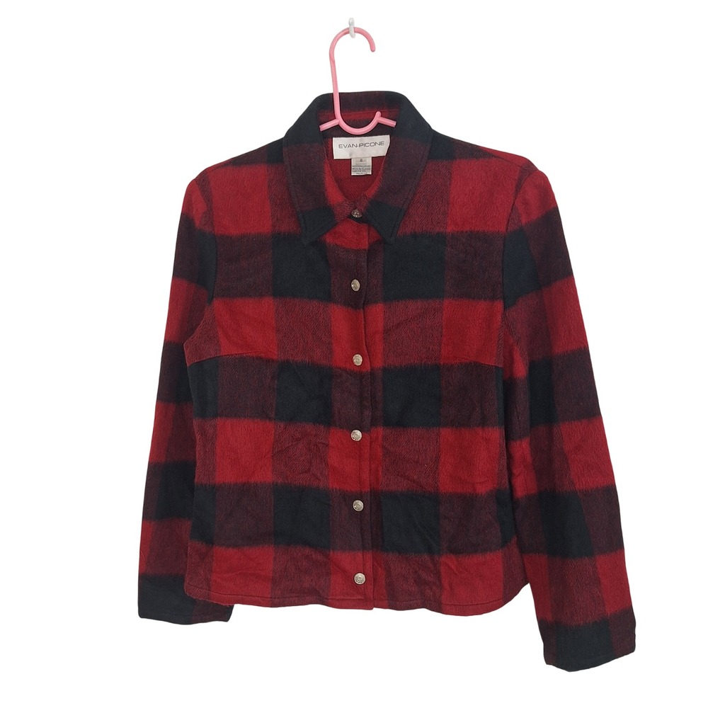 Evan Picone Women Plaid Button Up Jacket Red Black Size 6 Wool Blend